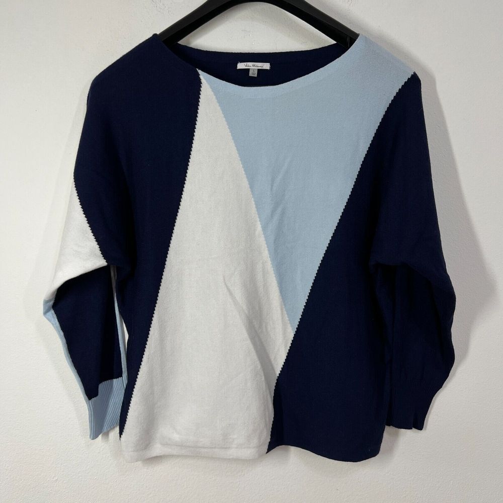 Vila Milano Sweater Womens Large‎ Boat Neck Blue/White Geometric Batwing Sleeve